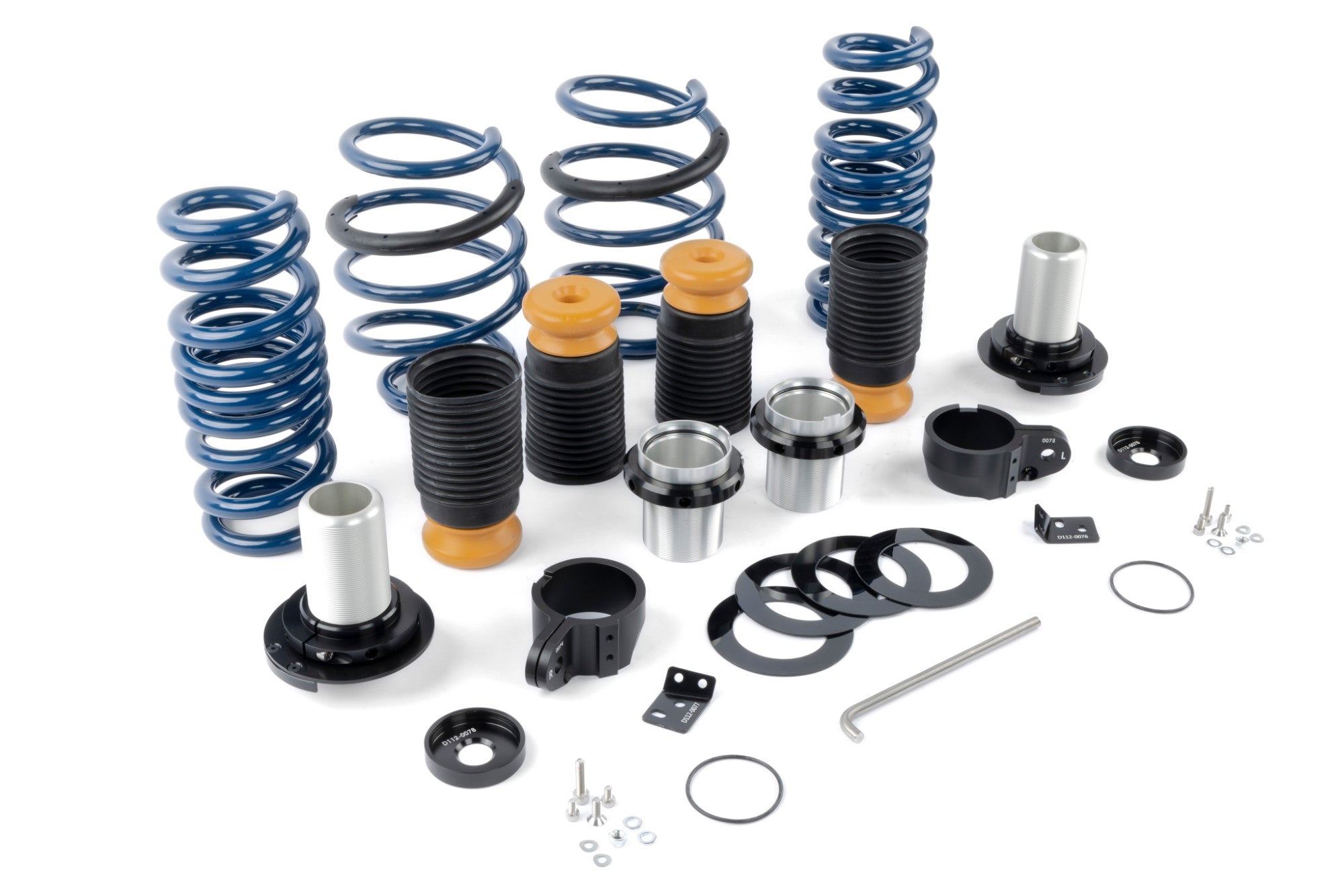 Performance-tuned DINAN suspension for BMW G87 M2, allowing lowering up to 1-1/8 inches in front and over 2 inches in the rear.