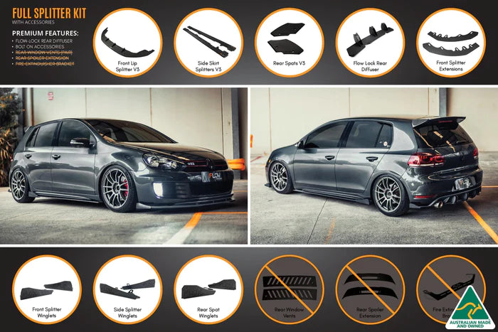 Flow Designs Full Splitter Set With ALL Accessories - MK6 GTI